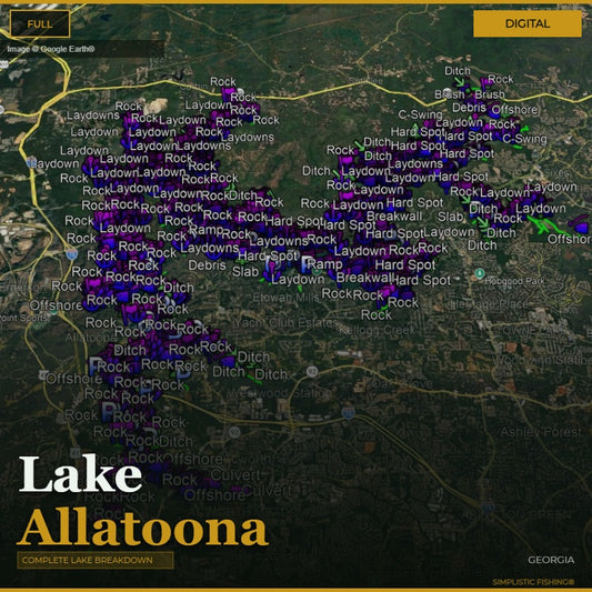 Map of Lake Allatoona with fishing spots labeled on a digital interface.