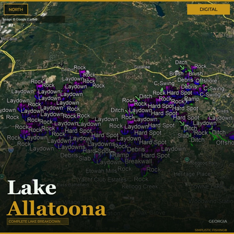 Map of Lake Allatoona with fishing spots marked on a digital display.