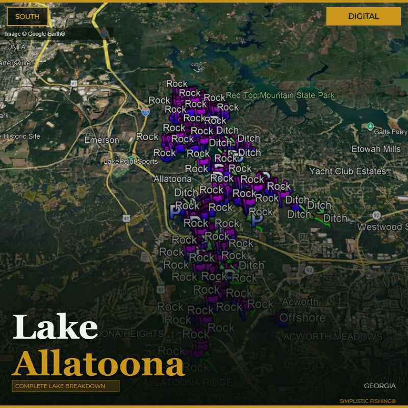 Map of Lake Allatoona with labeled rock locations