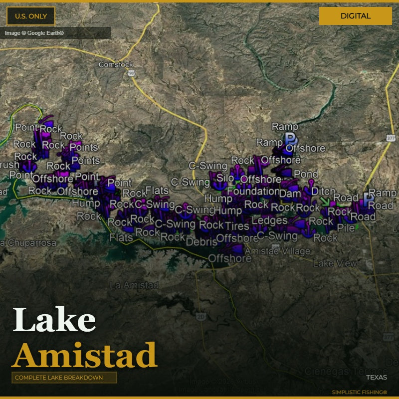 Map of Lake Amistad with various points of interest labeled