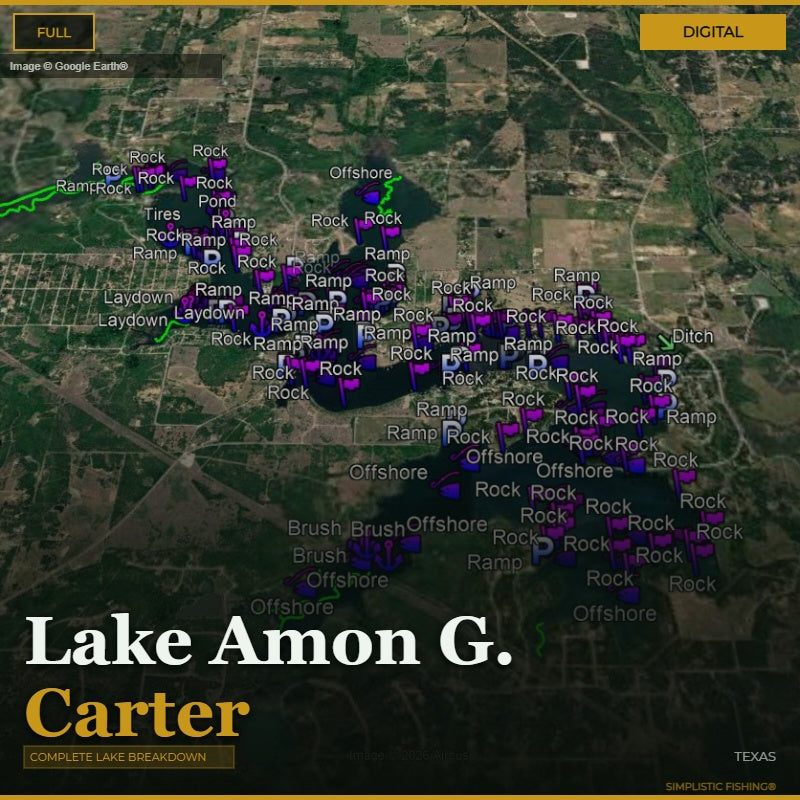 Map of Lake Amon G. Carter with various fishing spots marked on a digital display.
