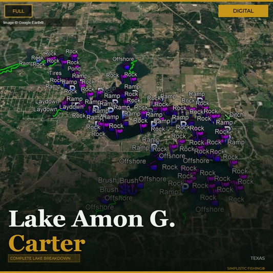 Map of Lake Amon G. Carter with various fishing spots marked on a digital display.