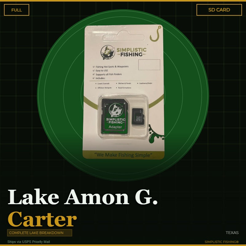 Packaging of Simplistic Fishing product with text about Lake Amon G. Carter, Texas.
