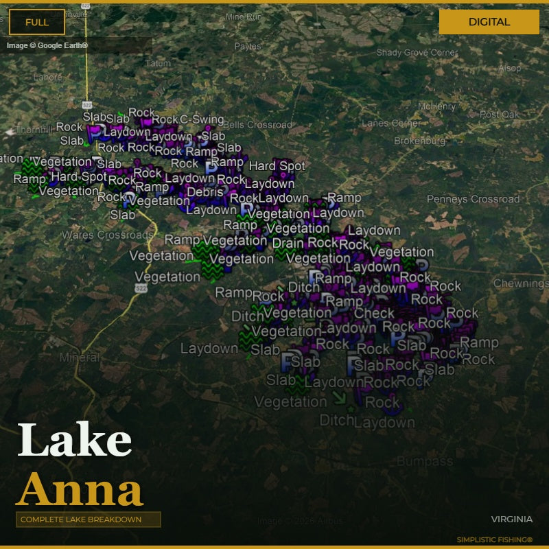 Map of Lake Anna with various fishing spots labeled on a digital display.