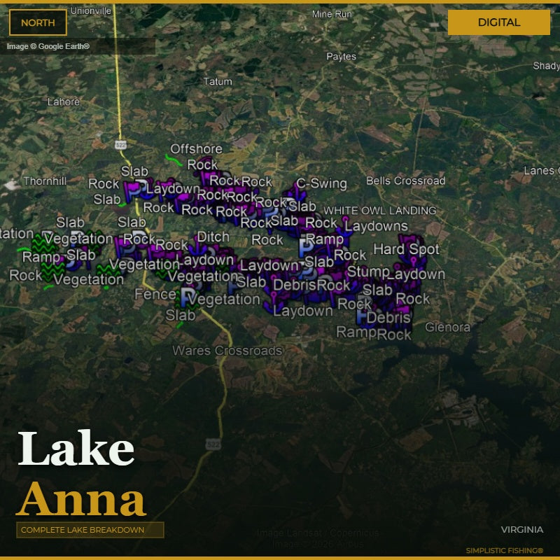 Map of Lake Anna with various fishing spots labeled on a digital display.