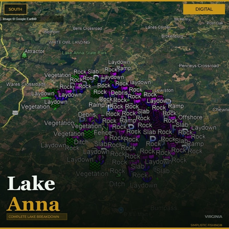 Map of Lake Anna with various fishing spots labeled on a digital display.