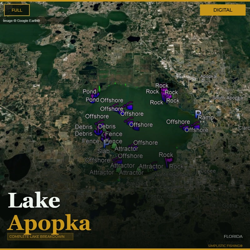 Map of Lake Apopka with various fishing locations marked on a digital interface.