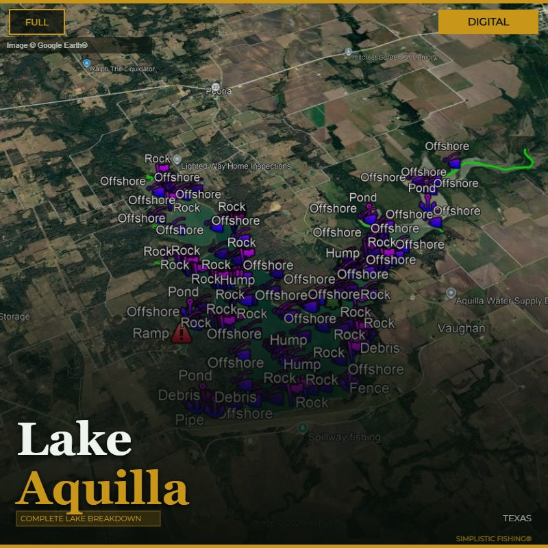 Map of Lake Aquilla with various fishing features labeled on a digital display.