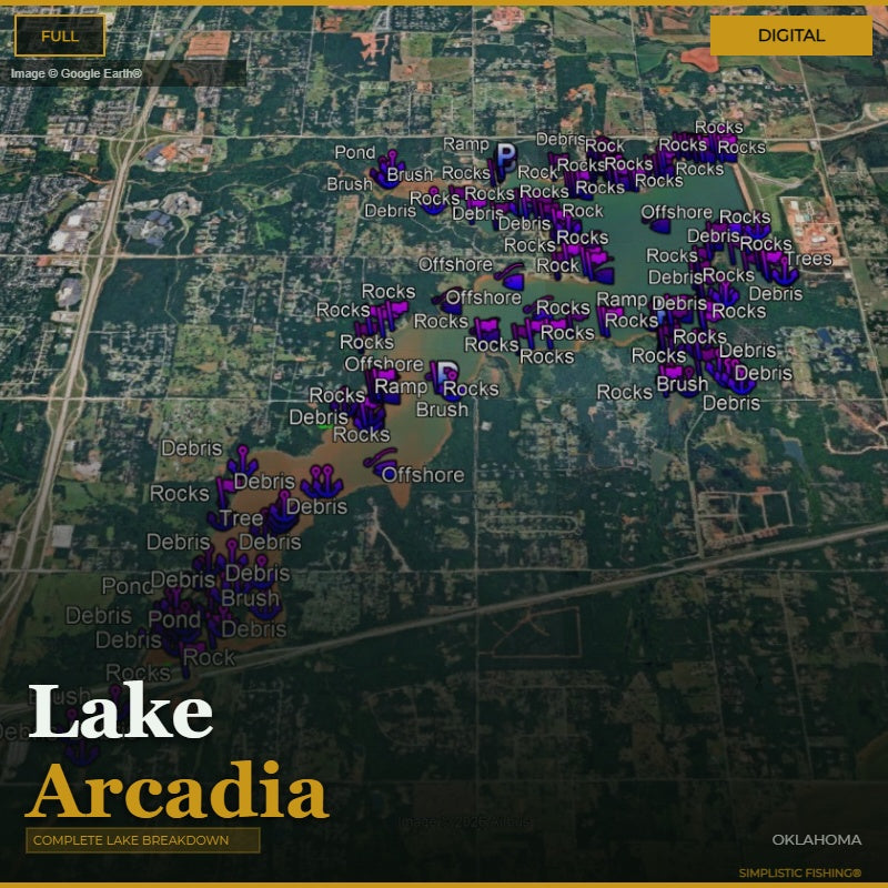 Map of Lake Arcadia with various markers indicating different types of obstacles.