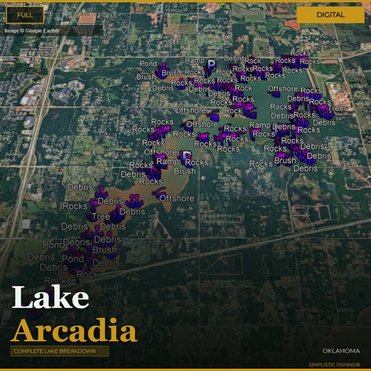 Map of Lake Arcadia with various markers indicating different types of obstacles.