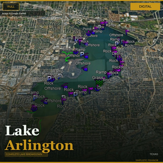 Map of Lake Arlington with various markers indicating fishing spots and obstacles.