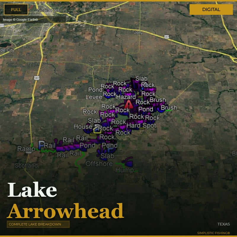Map of Lake Arrowhead with various markers and labels on a digital display.