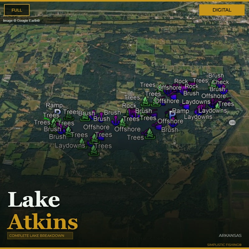 Map of Lake Atkins with various fishing spots labeled on a digital interface.