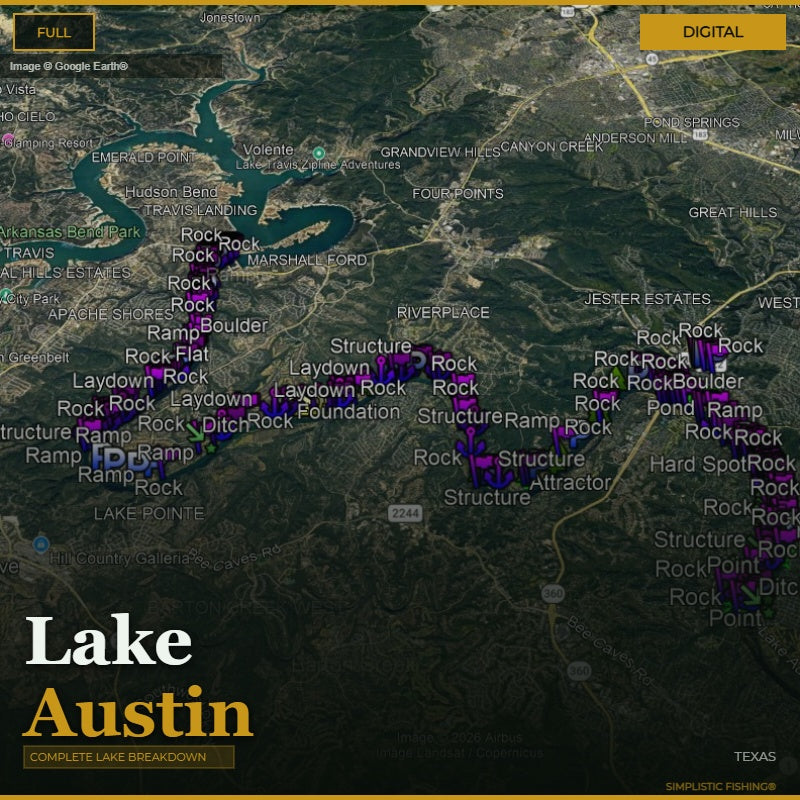 Map of Lake Austin with various marked locations and features