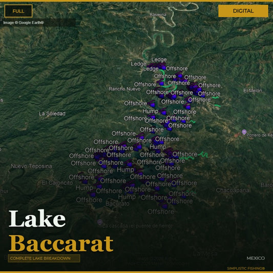 Map of Lake Baccarat with various locations marked on a digital interface