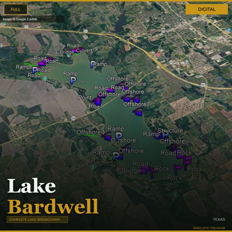 Map of Lake Bardwell with various markers indicating fishing spots and hazards.