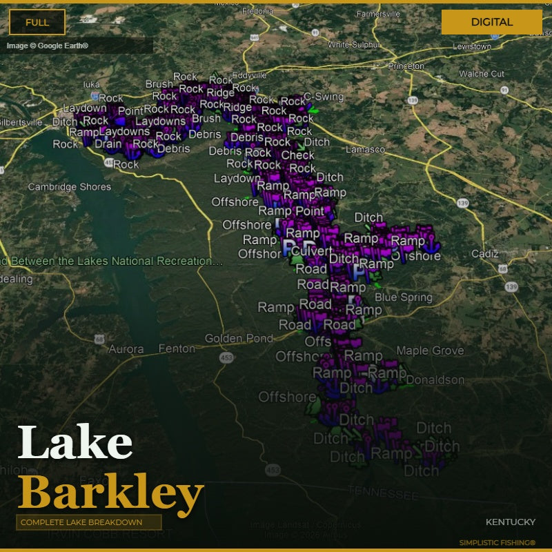 Map of Lake Barkley with various fishing ramps and points marked.