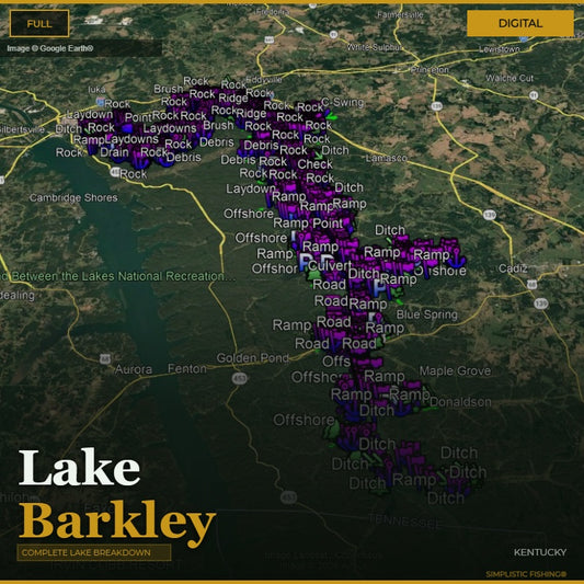 Map of Lake Barkley with various fishing ramps and points marked.