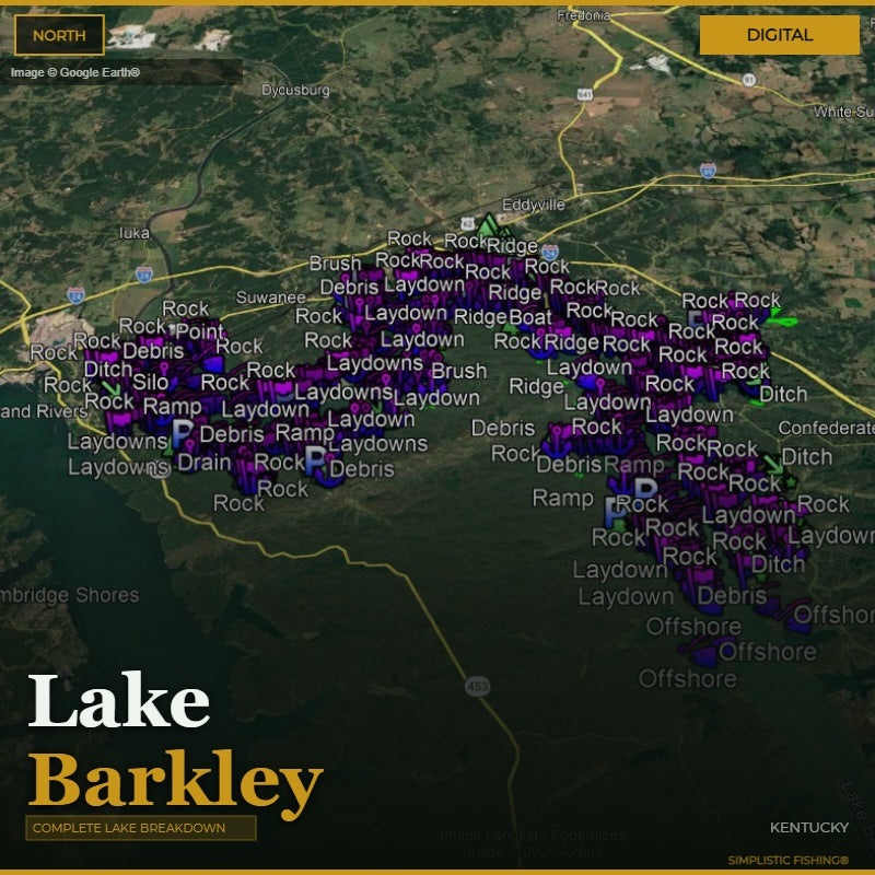 Map of Lake Barkley with fishing spots labeled on a digital interface
