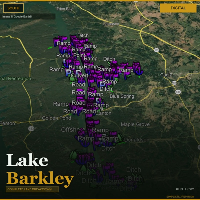 Map of Lake Barkley with various locations marked, including ramps and roads.