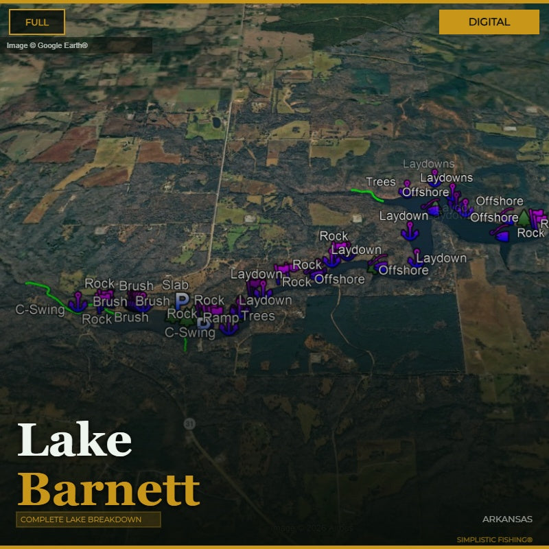 Map of Lake Barnett with various fishing spots labeled on a digital interface.