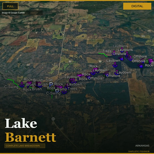 Map of Lake Barnett with various fishing spots labeled on a digital interface.