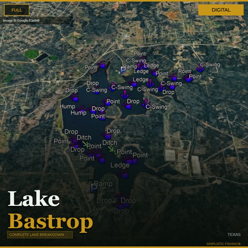 Map of Lake Bastrop with various fishing points marked on a digital display.