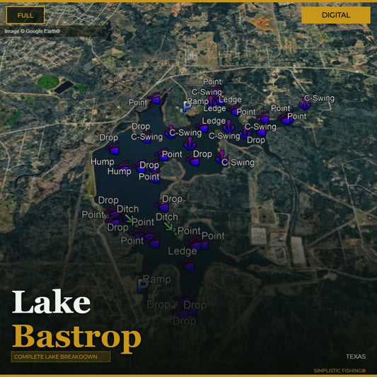 Map of Lake Bastrop with various fishing points marked on a digital display.