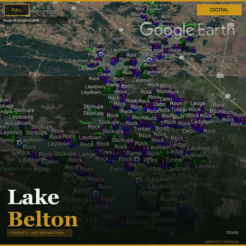 Map of Lake Belton with various markers and labels on a Google Earth background