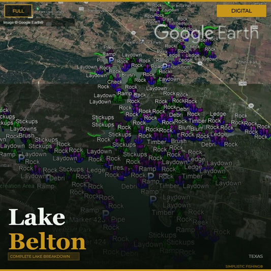 Map of Lake Belton with various markers and labels on a Google Earth background