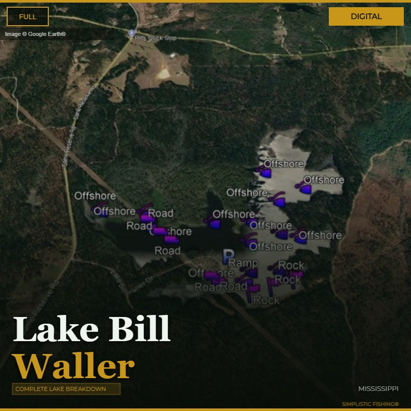 Map of Lake Bill Waller with fishing spots marked on a digital display.