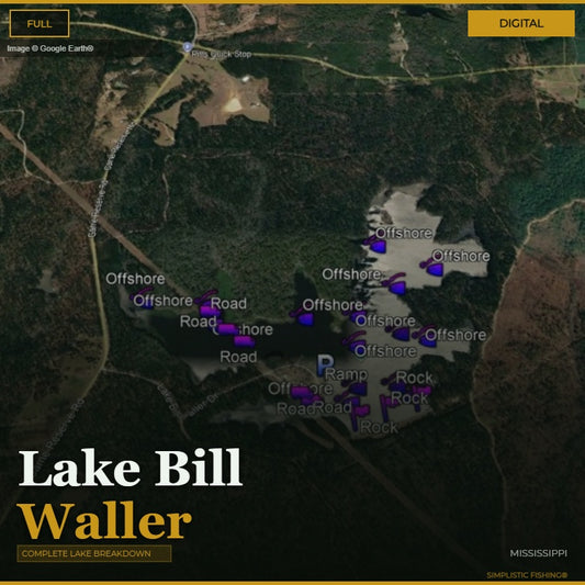 Map of Lake Bill Waller with fishing spots marked on a digital display.