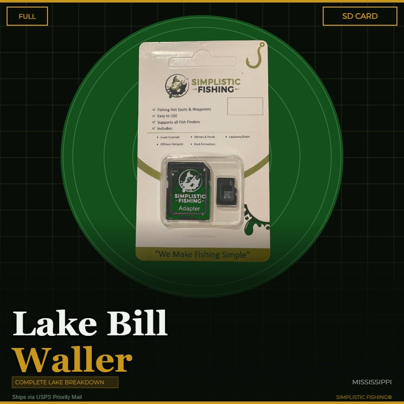 Packaging of Simplistic Fishing products on a green and black background with text 'Lake Bill Waller'.