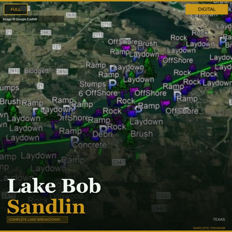 Map of Lake Bob Sandlin with various fishing spots labeled