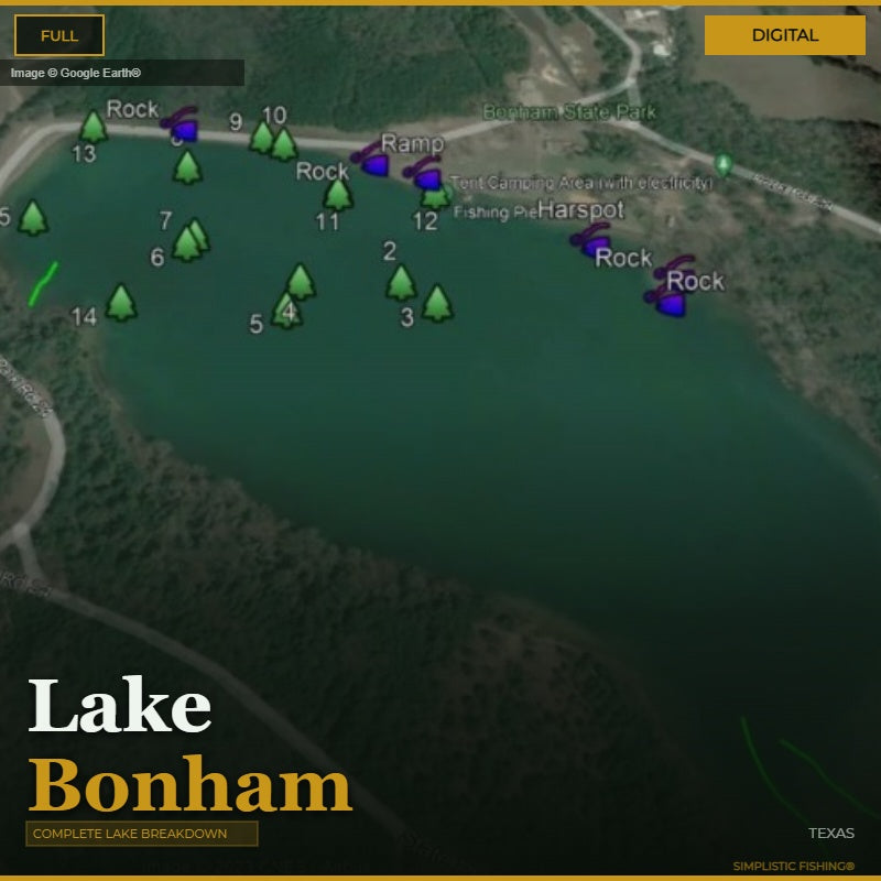 Map of Lake Bonham with fishing spots marked on a digital interface