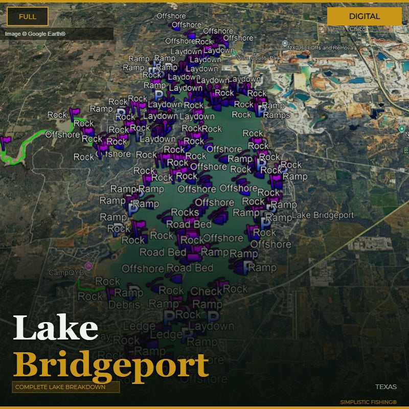 Map of Lake Bridgeport with various fishing spots marked, featuring a dark background.