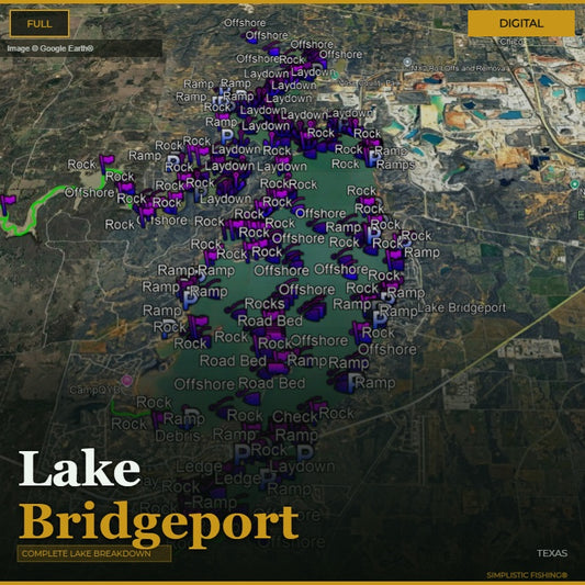 Map of Lake Bridgeport with various fishing spots marked, featuring a dark background.