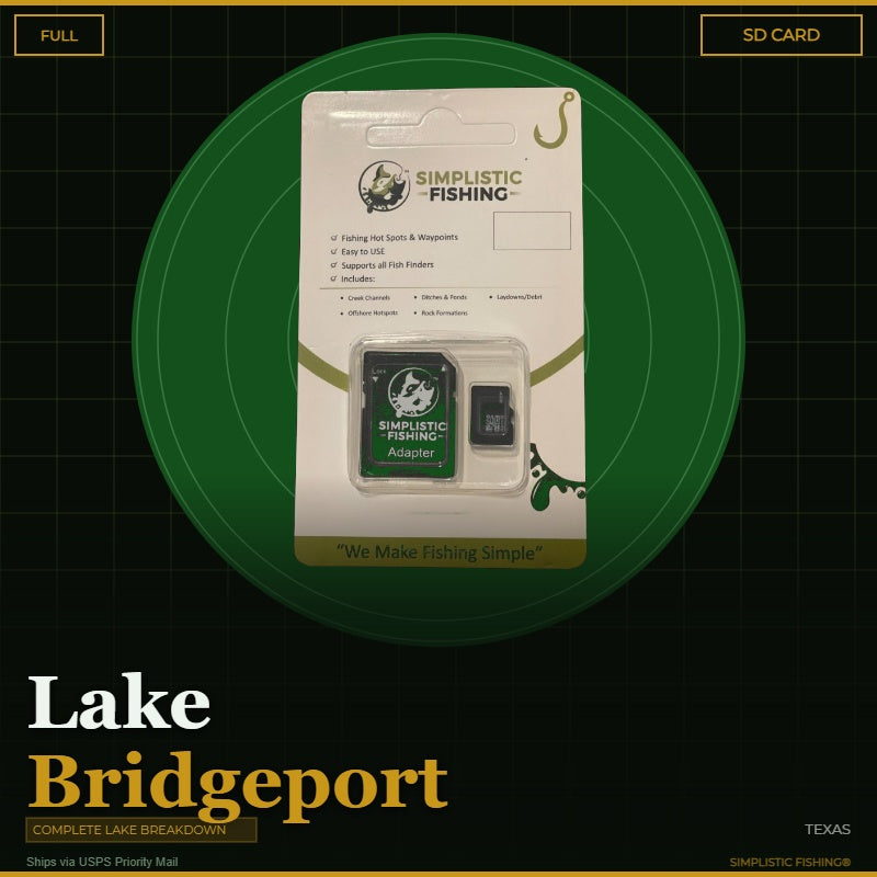 Packaging of Simplistic Fishing SD card and adapter on a green circle with 'Lake Bridgeport' text.