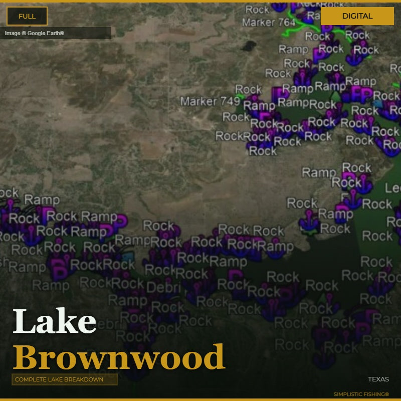 Map of Lake Brownwood with markers indicating rock and ramp locations.