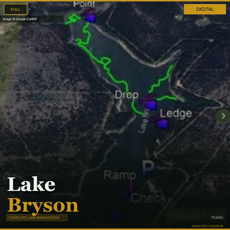 Map of Lake Bryson with fishing spots marked on a digital interface