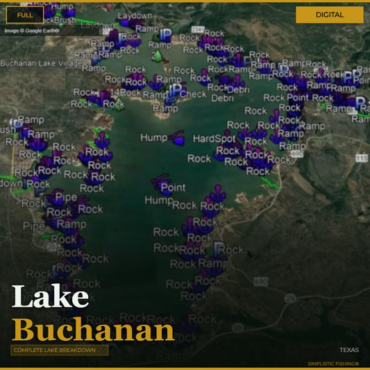 Map of Lake Buchanan with various fishing spots marked on a digital display.
