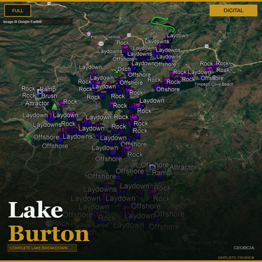 Map of Lake Burton with fishing spots marked on a digital display.