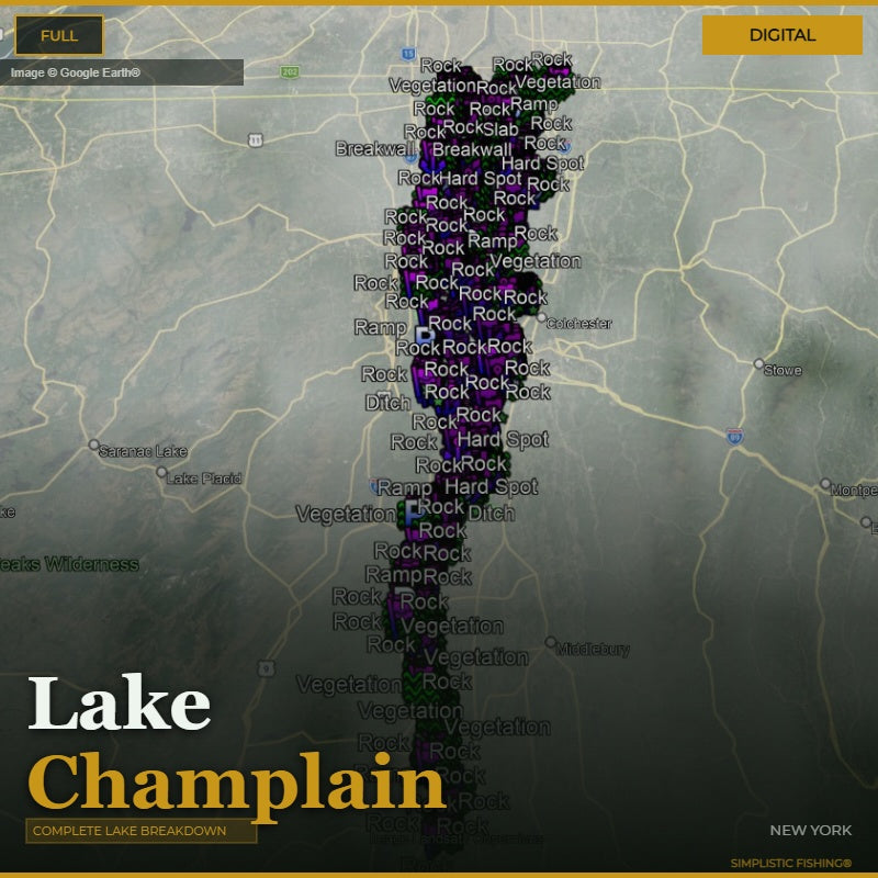 Map of Lake Champlain with various features labeled on a digital interface.
