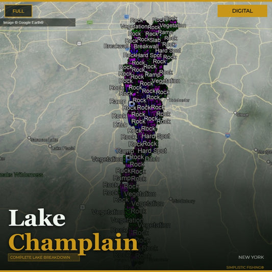 Map of Lake Champlain with various features labeled on a digital interface.