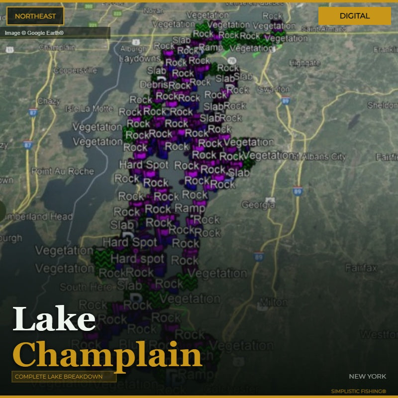 Map of Lake Champlain with various fishing spots marked on a digital display.