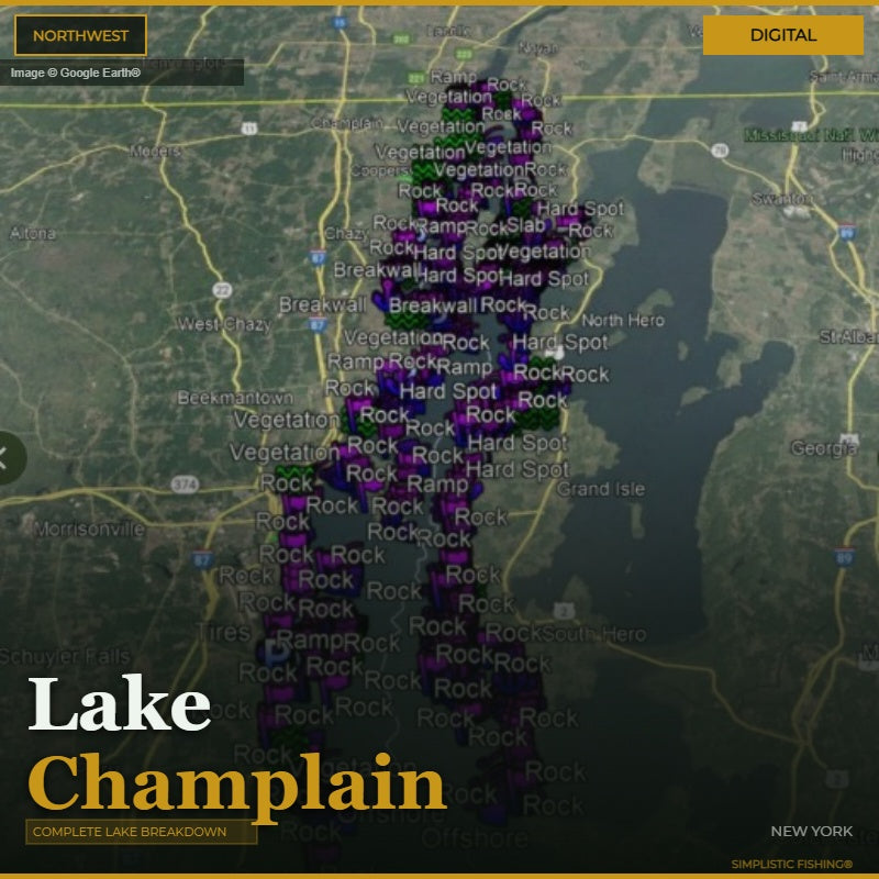 Map of Lake Champlain with fishing spots marked on a digital interface.