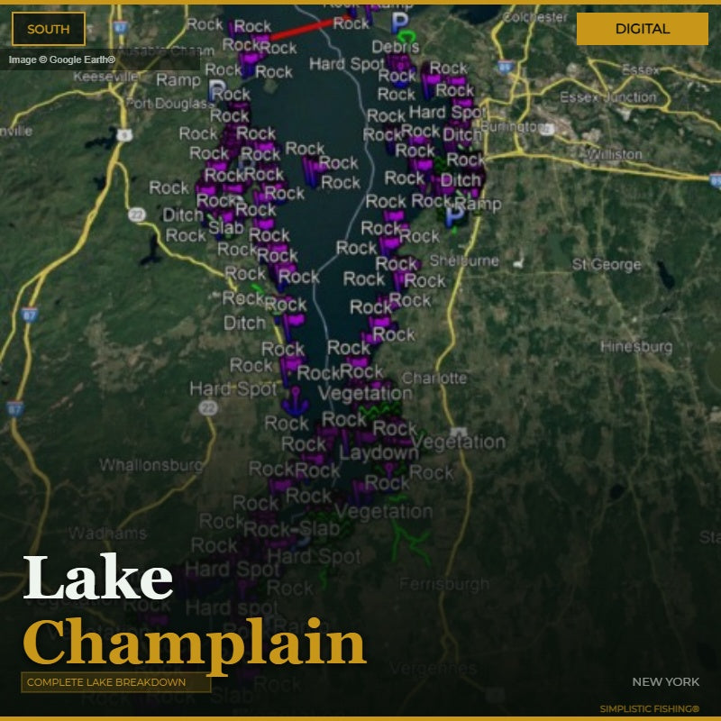 Map of Lake Champlain with various markers indicating hazards and features.