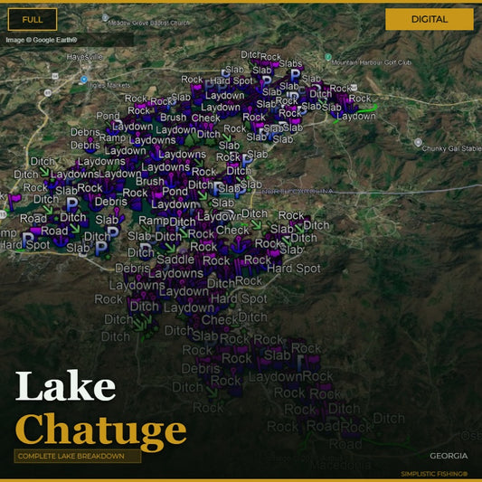 Map of Lake Chatuge with various fishing spots marked on a digital display.