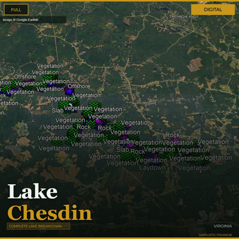 Map of Lake Chesdin with labels for vegetation, rock, and slab on a digital display.