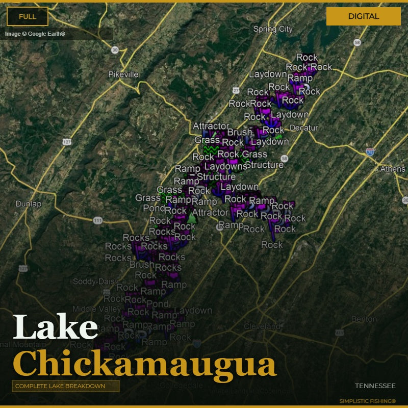 Map of Lake Chickamauga with various markers indicating different types of terrain and features.
